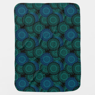 Turquoise blue round mandala on black background baby blanket