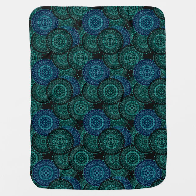 Turquoise blue round mandala on black background baby blanket (Front)