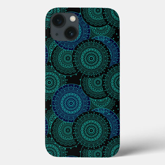 Turquoise blue round mandala on black background Case-Mate iPhone case (Back)