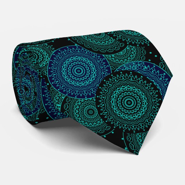 Turquoise blue round mandala on black background neck tie (Rolled)