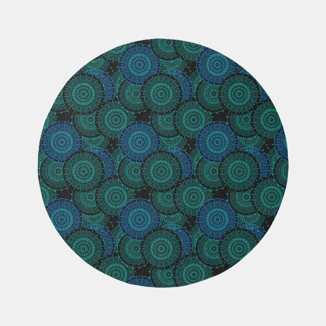 Turquoise blue round mandala on black background outdoor rug (Front)