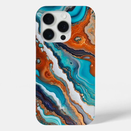 Turquoise blue rust and gold paint abstract iPhone 15 pro case