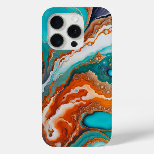 Turquoise blue, rust and gold paint abstract iPhone 15 pro case