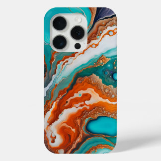 Turquoise blue, rust and gold paint abstract iPhone 15 pro case