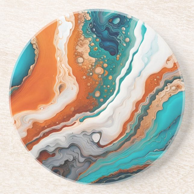 Turquoise blue, rust and gold paint abstract coaster (Front)