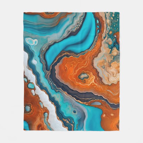 Turquoise blue rust and gold paint abstract fleece blanket