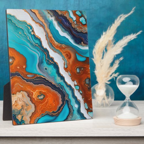 Turquoise blue rust and gold paint abstract plaque