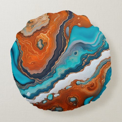 Turquoise blue rust and gold paint abstract round pillow