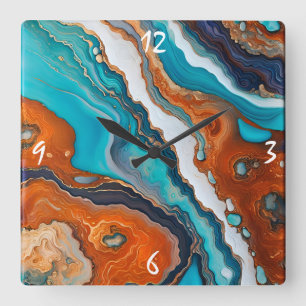 Turquoise blue, rust and gold paint abstract square wall clock