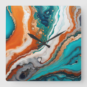 Turquoise blue, rust and gold paint abstract square wall clock