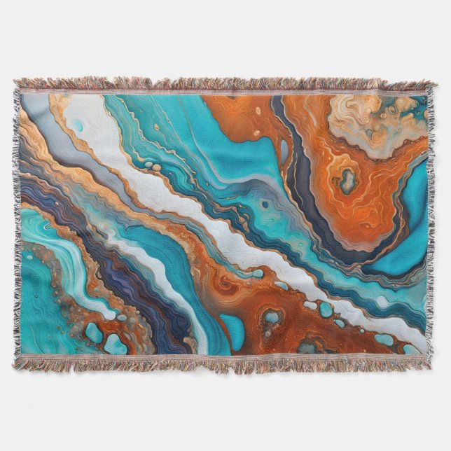 Turquoise blue, rust and gold paint abstract throw blanket (Front)
