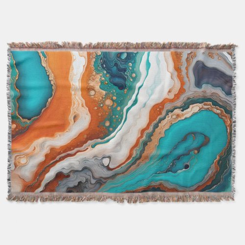 Turquoise blue rust and gold paint abstract throw blanket