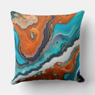 Turquoise blue, rust and gold paint abstract throw pillow