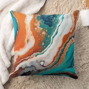 Turquoise blue, rust and gold paint abstract throw pillow