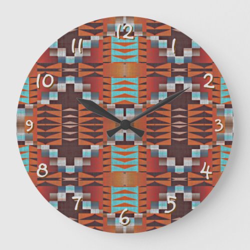 Turquoise Blue Rust Orange Red Brown Tribal Art Large Clock
