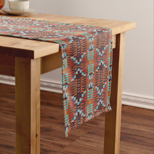 Turquoise Blue Rust Orange Red Brown Tribal Art Medium Table Runner