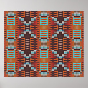Turquoise Blue Rust Orange Red Brown Tribal Art Poster