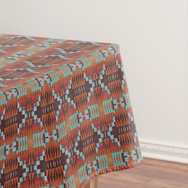 Turquoise Blue Rust Orange Red Brown Tribal Art Tablecloth (In Situ)