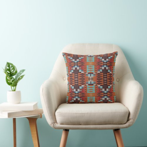 Turquoise Blue Rust Orange Red Brown Tribal Art Throw Pillow