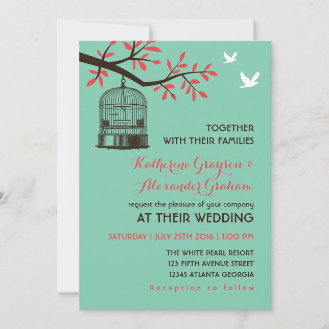 Turquoise Blue Rustic Bird Cage Wedding Invitation (Front)