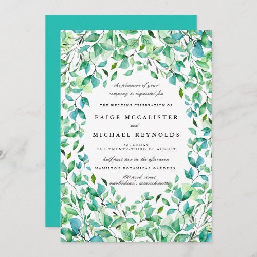 Turquoise Blue Sage Green Botanical Wedding Invitation