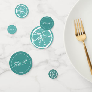 Turquoise blue sand dollar wedding monogram confetti