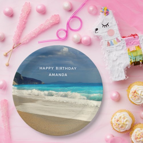 Turquoise Blue Sea Beach Photo Happy Birthday Paper Plates
