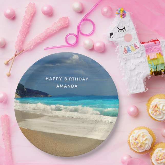 Turquoise Blue Sea Beach Photo Happy Birthday Paper Plates (Party)