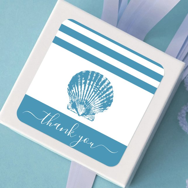 Turquoise blue seashell beach thank you script square sticker (Creator Uploaded)