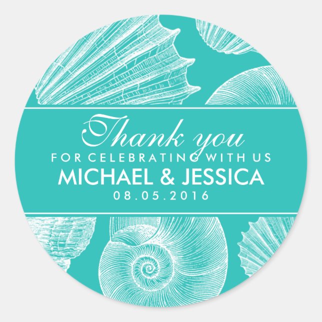 Turquoise Blue Seashell Wedding Thank You Sticker (Front)