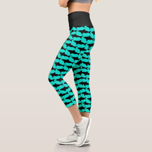 Turquoise blue shark fish pattern high waist capri leggings