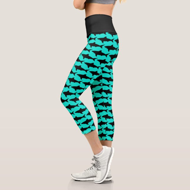 Turquoise blue shark fish pattern high waist  capri leggings (Left)
