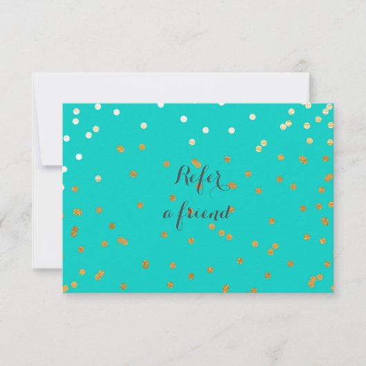 Turquoise Blue & Shiny Gold Dots Referral Card (Front)