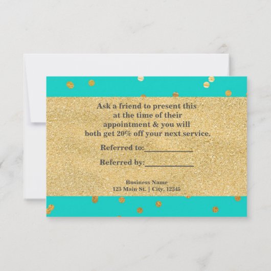 Turquoise Blue & Shiny Gold Dots Referral Card (Back)