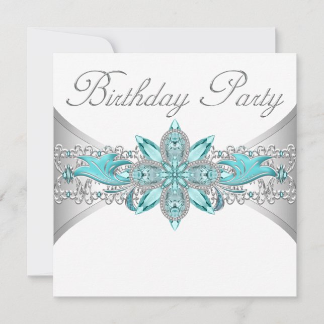 Turquoise Blue Silver Birthday Party Invitations (Front)