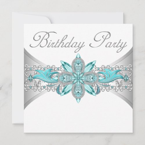 Turquoise Blue Silver Birthday Party Invitations
