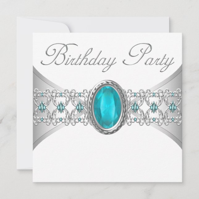 Turquoise Blue Silver Birthday Party Invitations (Front)
