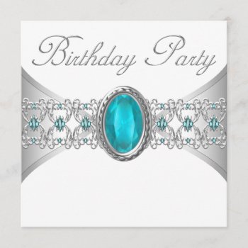Turquoise Blue Silver Birthday Party Invitations by Pure_Elegance at Zazzle