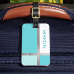 Turquoise Blue Silver Foil Stripes Color Block Luggage Tag<br><div class="desc">Trendy Chic Monogrammed Personalized Turquoise Blue Silver Foil Stripes Metallic Modern Geometric Color Block Luggage Tags. Girly Glam Bling Luggage Tag Design With Turquoise Blue Color Block Pattern. Perfect Classy Elegant Travel Tag e for Women.</div>