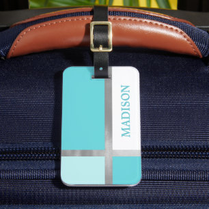 Turquoise Blue Silver Foil Stripes Color Block Luggage Tag