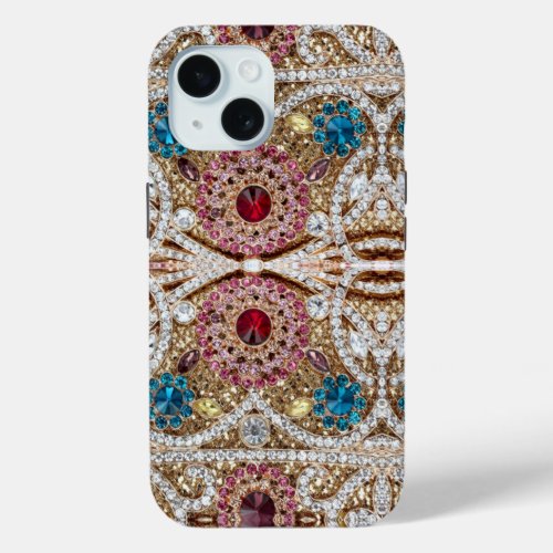 turquoise blue silver gold burgundy pink bohemian iPhone 15 case