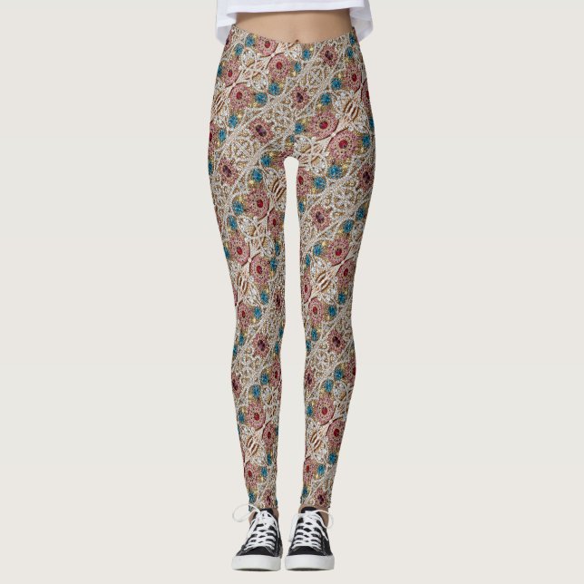 turquoise blue silver gold burgundy pink bohemian leggings (Front)