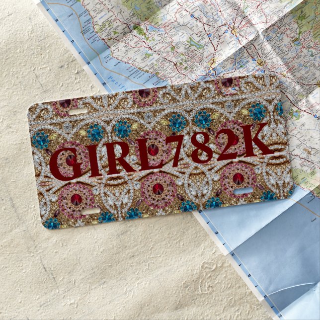 turquoise blue silver gold burgundy pink bohemian license plate (In Situ)