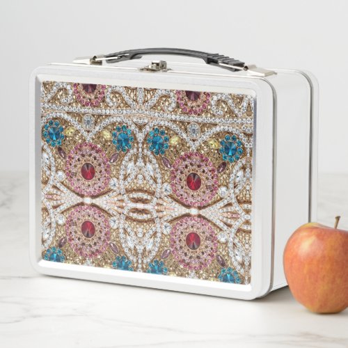 turquoise blue silver gold burgundy pink bohemian metal lunch box