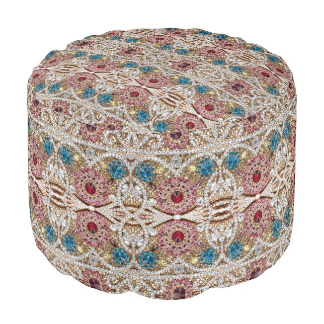 turquoise blue silver gold burgundy pink bohemian pouf (Angled Front)