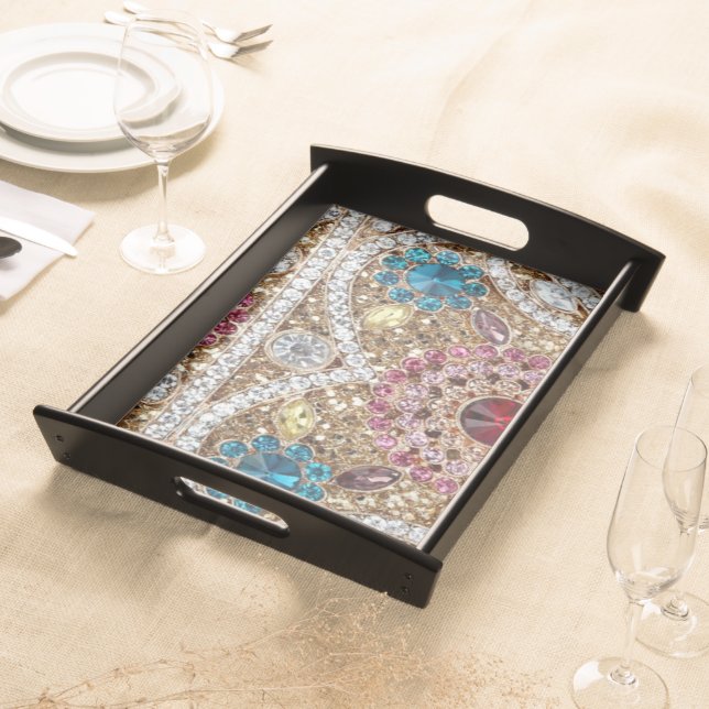 turquoise blue silver gold burgundy pink bohemian serving tray (Front)