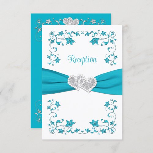 Turquoise Blue Silver Love Hearts Reception Card