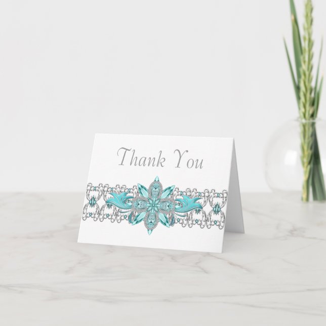 Turquoise Blue Silver Thank You Cards (Front)
