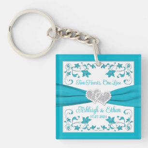 Turquoise Blue, Silver Two Hearts, One Love Keychain