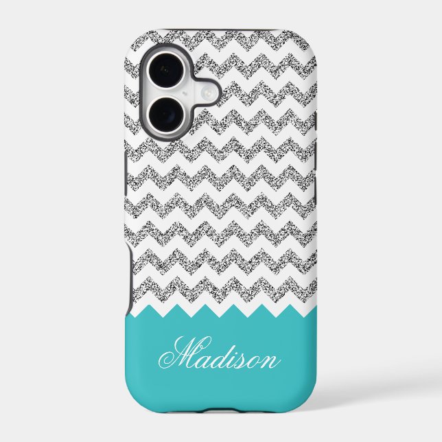 Turquoise Blue Silvery Glitter Chevron Pattern Iphone Case (Back)